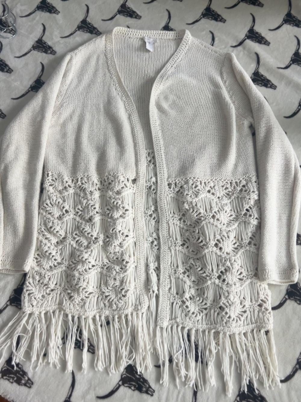 Chico’s Ivory Crochet Fringe Open Front Cardigan Size 2 (L) Boho